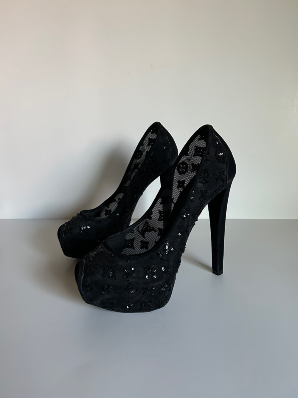 Louis Vuitton Black Sequin Platform Stiletto Pumps